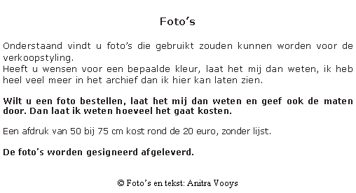 Tekstvak: Foto�sOnderstaand vindt u foto�s die gebruikt zouden kunnen worden voor de verkoopstyling.Heeft u wensen voor een bepaalde kleur, laat het mij dan weten, ik heb heel veel meer in het archief dan ik hier kan laten zien.Wilt u een foto bestellen, laat het mij dan weten en geef ook de maten door. Dan laat ik weten hoeveel het gaat kosten.Een afdruk van 50 bij 75 cm kost rond de 20 euro, zonder lijst.De foto�s worden gesigneerd afgeleverd.� Foto�s en tekst: Anitra Vooys